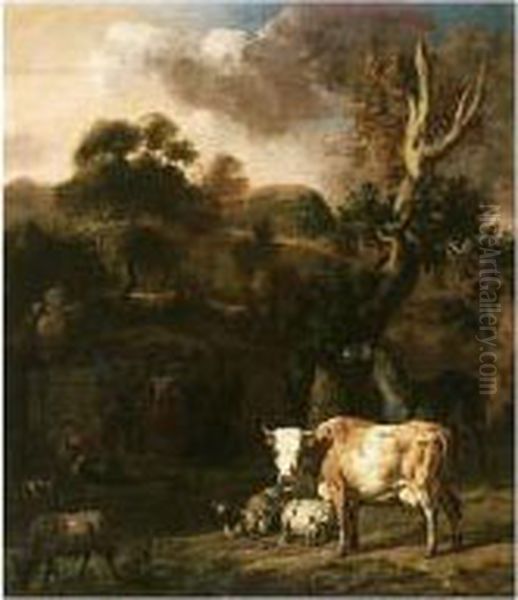 A Pastoral Scene In An Italianate Landscape Oil Painting by Dirk van Bergen