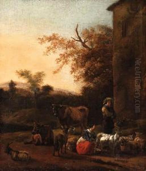 An Italianate Landscape With A Milkmaid And A Herdsman Beside Avilla Oil Painting by Dirk van Bergen