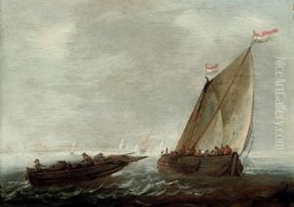 Dutch Vessels In A Swell Oil Painting by Abraham Hendrickz Van Beyeren