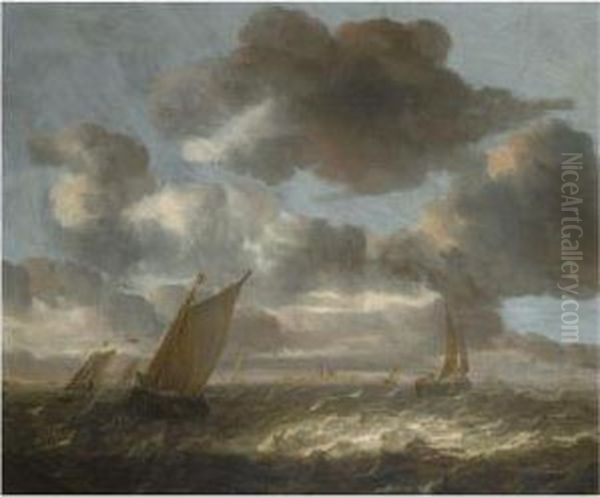 Small Sailing Vessels In A Short Chop, A View Of A Townbeyond Oil Painting by Abraham Hendrickz Van Beyeren