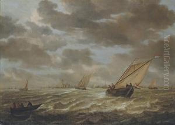 Shipping On The Maas, With A View Of Rotterdam Beyond Oil Painting by Abraham Hendrickz Van Beyeren