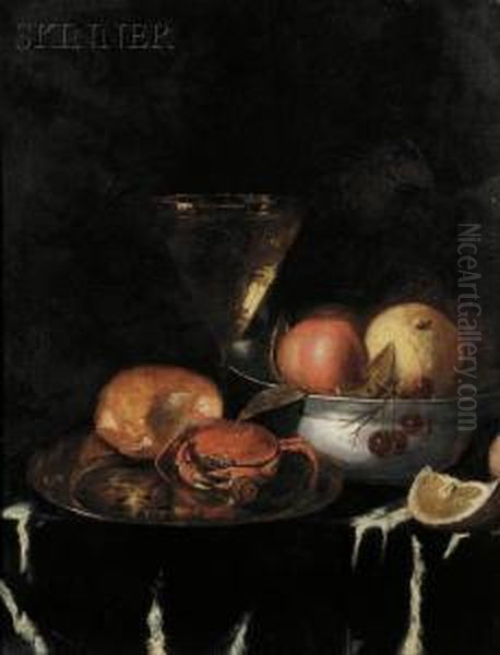 Still Life With Crab, Fruit, Bread, And Wine Glass On A Draped Table Oil Painting by Abraham Hendrickz Van Beyeren