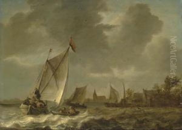 Coastal Landscape With Sailing Boats In Choppy Seas Oil Painting by Abraham Hendrickz Van Beyeren