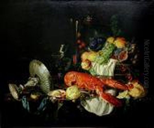 Still Life Of A Lobster And Fruit Oil Painting by Abraham Hendrickz Van Beyeren