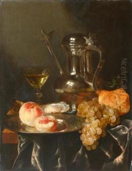 Still Life With Pewter Jug, Fruits, Oysters, Bread And Wine On A Table. Oil Painting by Abraham Hendrickz Van Beyeren