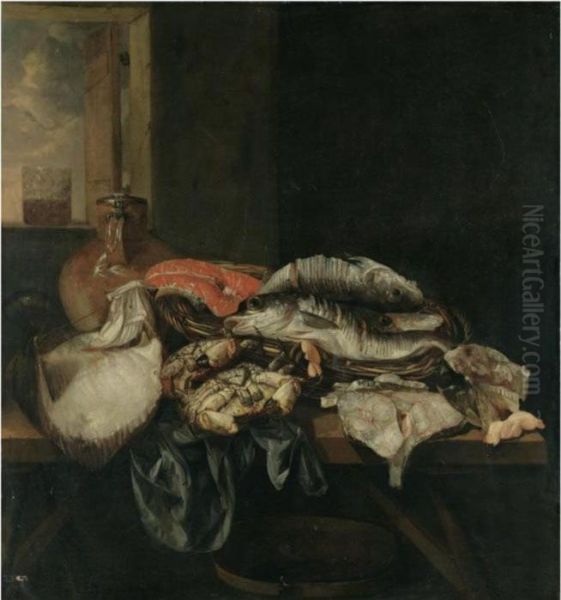 Still Life With Various Fish And Crustaceans On A Table Beneathan Open Window Oil Painting by Abraham Hendrickz Van Beyeren