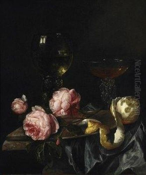 Still Life With Roses And Wine Goblet. With Monogram Lower Left: A.b. F Oil Painting by Abraham Hendrickz Van Beyeren