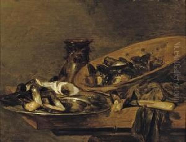 Mussels In Pewter And Earthenware Plates With An Upturned 'roemer', On A Wooden Table Oil Painting by Abraham Hendrickz Van Beyeren