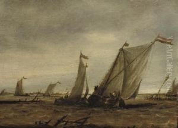 Fishing Boats In Choppy Waters Oil Painting by Abraham Hendrickz Van Beyeren