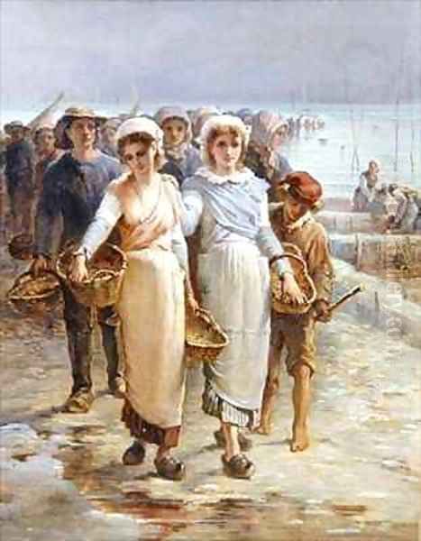 Oyster Girls at Cancale Oil Painting by Francois Nicolas Augustin Feyen-Perrin