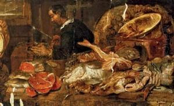 A Fishmonger Preparing The Catch In An Interior Oil Painting by Abraham Hendrickz Van Beyeren