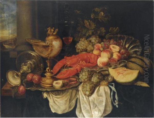 A Sumptuous Still Life With A 
Lobster, A Nautilus Cup, Grapes, A Tazza, Peaches And Other Fruit On A 
Draped Table Oil Painting by Abraham Hendrickz Van Beyeren