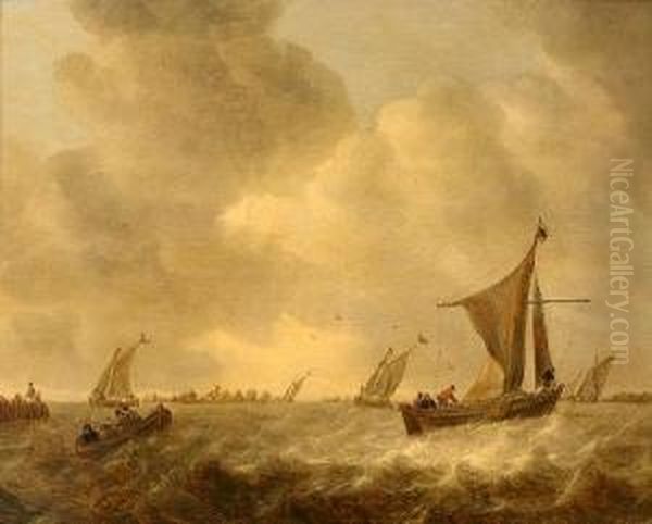 Figures In A Rowing Boat In Choppy Waters With Dutch Pinks In An Estuary Beyond Oil Painting by Abraham Hendrickz Van Beyeren