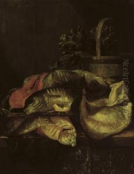 Various Fish Near A Wooden Basket With Artichokes, All On A Table Oil Painting by Abraham Hendrickz Van Beyeren