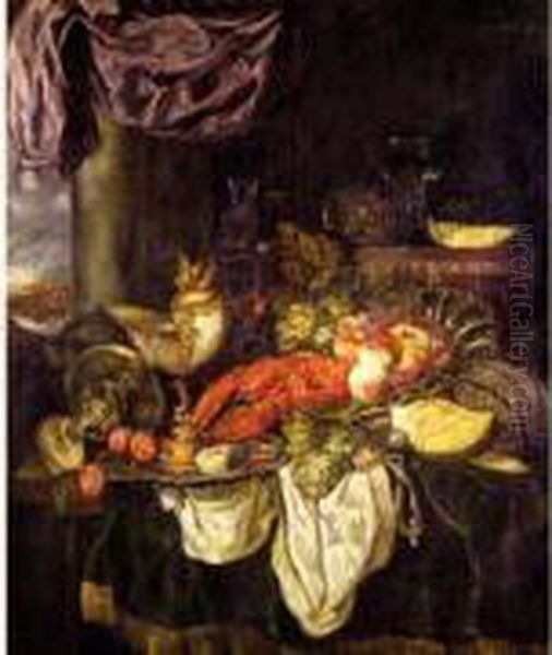 Nature Morte Au Homard, Aux 
Fruits Et Aux Raisins, Avec Un Nautile, Une Coupe En Argent Et Des 
Verres. Oil Painting by Abraham Hendrickz Van Beyeren