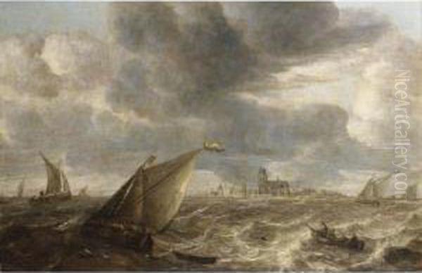 A River Landscape With Fishing 
Boats In A Strong Breeze Before A Town, Probably Dordrecht Oil Painting by Abraham Hendrickz Van Beyeren