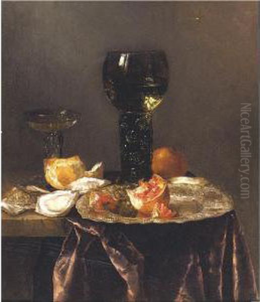 Still Life With A Roemer, A 
Pomegranate And Oysters All Resting On A Partially Draped Table Oil Painting by Abraham Hendrickz Van Beyeren