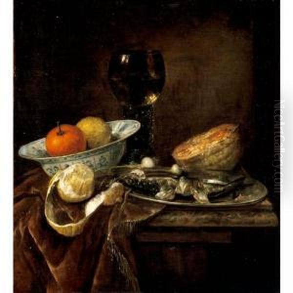 Still Life Of An Orange And A 
Lemon In A Porcelain Bowl, A Roemer, A Melon, A Sliced Herring On A 
Pewter Plate, And A Peeled Lemon Together On A Table Draped With A 
Velvet Cloth Oil Painting by Abraham Hendrickz Van Beyeren