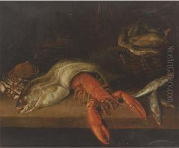 A Lobster, A Basket Of Fish, A Crab, A Cod And Other Fish On Aledge Oil Painting by Abraham Hendrickz Van Beyeren