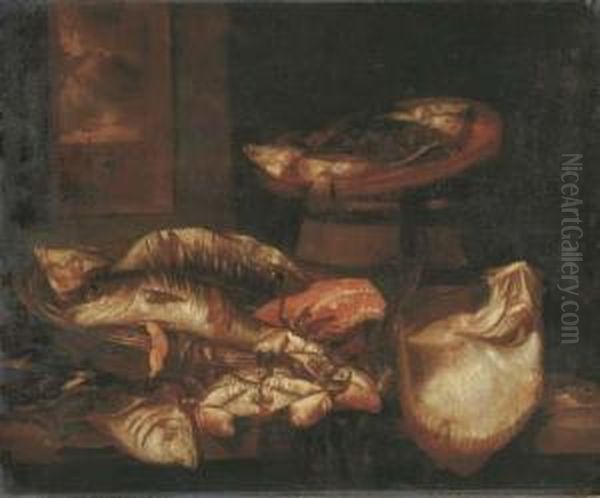 A Ray, A Salmon Steak, Crabs And
 Other Fish In A Basket On A Wooden Ledge Before A Window Oil Painting by Abraham Hendrickz Van Beyeren