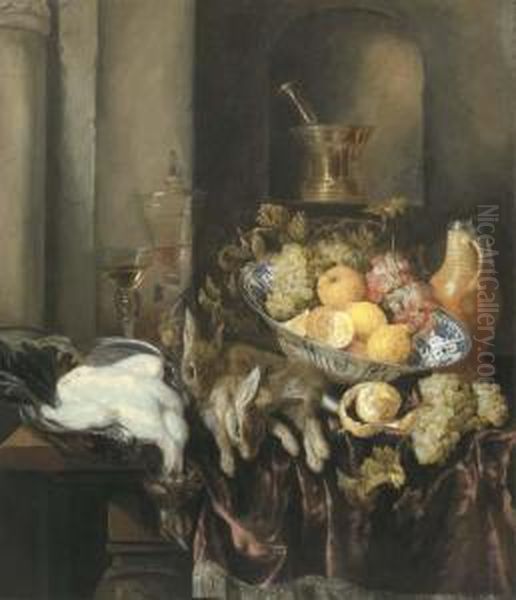 Grapes, Lemons, And Oranges In A
 Wan-li 'kraak' Porselein Bowl,with A Plucked Chicken And Two Hares, And
 Two Facon-de-veniseglasses On A Partly Draped Ledge, A Pewter Mounted 
Tanker And Apestle And Mortar In A Niche Beyond Oil Painting by Abraham Hendrickz Van Beyeren