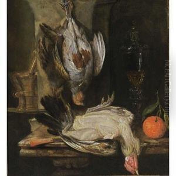 A Still Life With A Partridge, A
 Turkey, A Bitter Orange, A Glass Goblet Together With A Mortar And A 
Knife With An Agaath Handle, All On A Marble Ledge Oil Painting by Abraham Hendrickz Van Beyeren