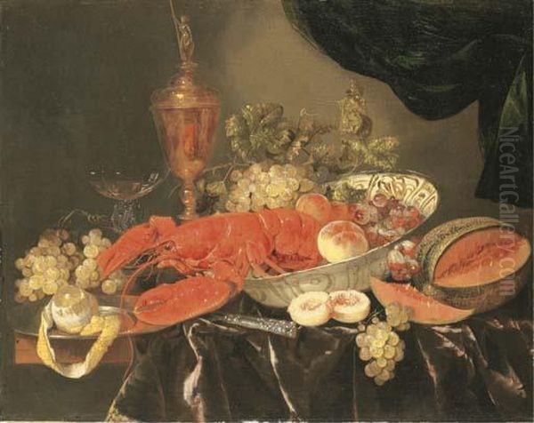 A Lobster With Grapes And A 
Peach In A Wan-li 'kraak' Porselein Bowl, A Silver-gilt Cup And Cover, A
 Facon-de-venise Wine Glass, A Melon, A Knife, And A Pewter Platter With
 A Partly Peeled Lemon On A Partly Draped Table Ledge With A Curtain Oil Painting by Abraham Hendrickz Van Beyeren