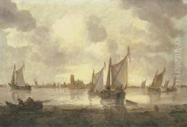 Dutch Kaags And Other Shipping In Calm Seas Oil Painting by Abraham Hendrickz Van Beyeren