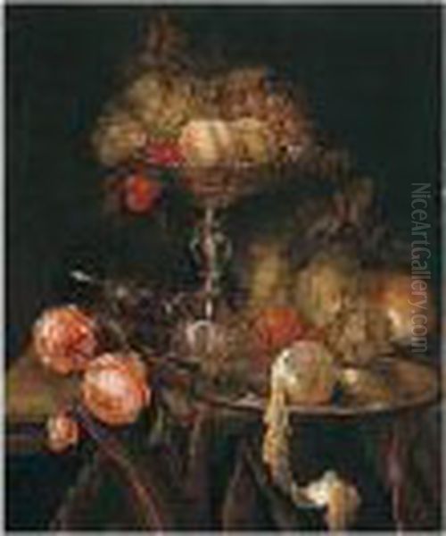 Still Life Of Fruit In A Silver 
Tazza Together With Grapes, Bread, Roses, A Wine Glass And A Peeled 
Lemon On A Pewter Dish, All Arranged On A Ledge Draped With A Brown 
Cloth Oil Painting by Abraham Hendrickz Van Beyeren