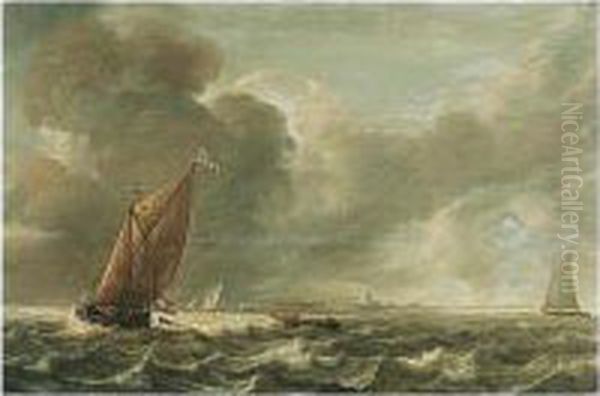 Seascape With A Smalschip And Other Light Vessels In A Stiff Breeze Oil Painting by Abraham Hendrickz Van Beyeren