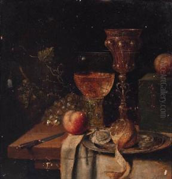 A Roemer, A Silver-gilt Cup, 
Oysters And A Peeled Lemon On A Pewterplate, A Knife, A Casket With 
Apples And Grapes On A Partiallydraped Table Oil Painting by Abraham Hendrickz Van Beyeren