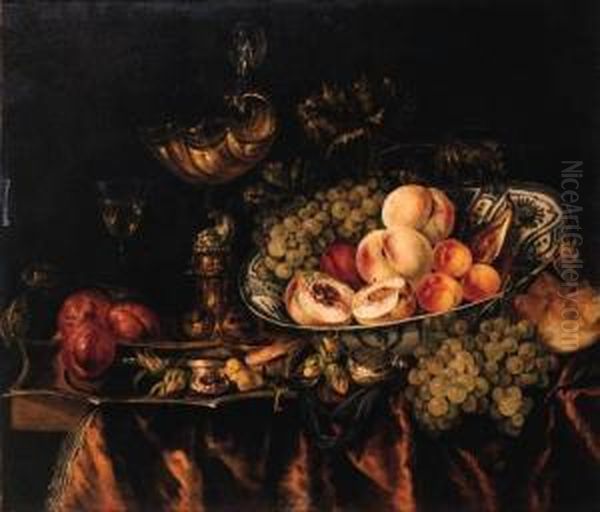 Peaches, Grapes, Apricots, A Fig
 And A Plum In A Wan-li - Dish, Abun, Grapes, A Fob-watch, A Shrimp, 
Hazelnuts, Plums And Sweetmeaton A Puntschotel, A Nautilus Shell On A 
Silver Gilt Stand And Afaon-de-venise Wineglass On A Draped Table Oil Painting by Abraham Hendrickz Van Beyeren