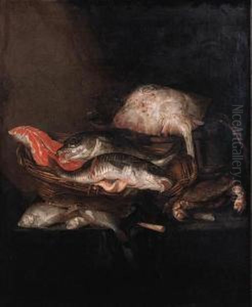 A Ray On A Barrel, A 
Salmon-steak, A Pike-perch And A Coalfish In Abasket With Flounders, A 
Knife And A Crab On A Draped Table Oil Painting by Abraham Hendrickz Van Beyeren