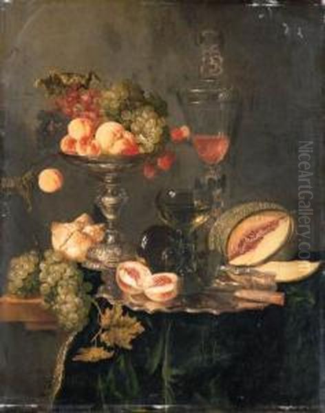 Nectarines, Peaches, Grapes And 
Raspberries On A Silver Tazza, Tworoemers And A Sliced Peach With A 
Knife On A Silver Plate, A Melon,a Bread Roll And A Wine Glass On A 
Table Draped With A Green Velvetcloth Oil Painting by Abraham Hendrickz Van Beyeren