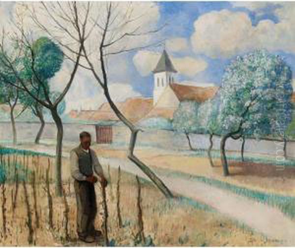 Farmer In The Field Oil Painting by Gerrit Willem Van Blaaderen