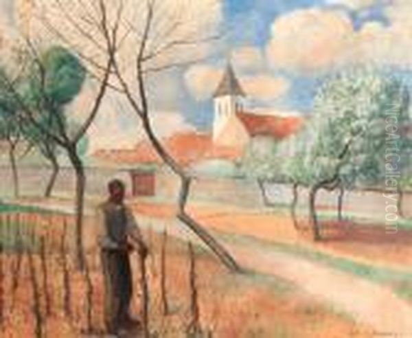 A Farmer In A Field, A Church Beyond Oil Painting by Gerrit Willem Van Blaaderen