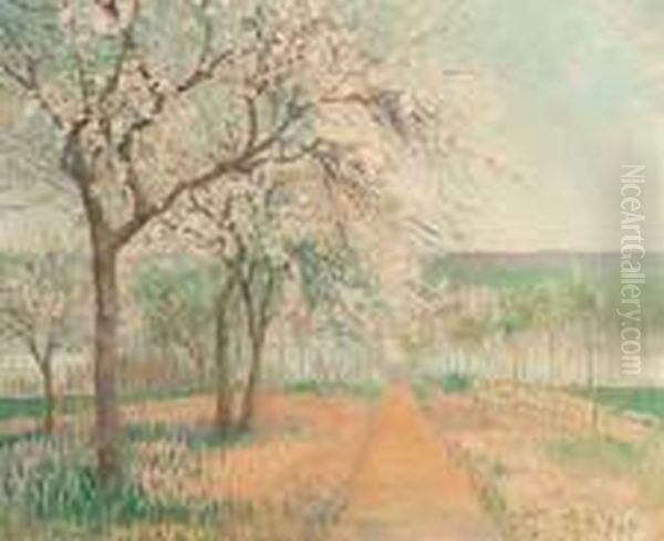 Blossoming Trees Near A Lake Oil Painting by Gerrit Willem Van Blaaderen