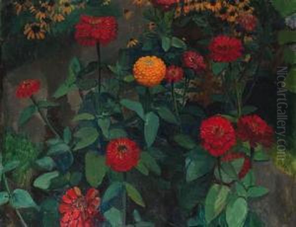 Zinnias In A Garden Oil Painting by Gerrit Willem Van Blaaderen