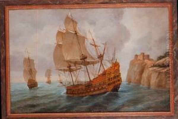 Trois Navires Pres Dune Cote Oil Painting by Henri Joseph Van Blarenberghe