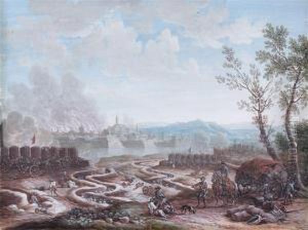 Siege D'une Ville Fortifiee Au Bord D'une Riviere Oil Painting by Louis Nicolael van Blarenberghe