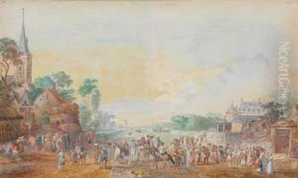 Villagers In A Town Square With A Church On The Left Oil Painting by Louis Nicolael van Blarenberghe