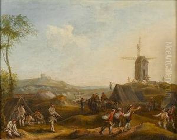 A Military Encampment Oil Painting by Louis Nicolael van Blarenberghe