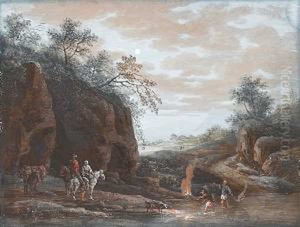 A Rocky River Landscape With Travellers Watering Their Horses At The Mouth Of A Cave Oil Painting by Louis Nicolael van Blarenberghe