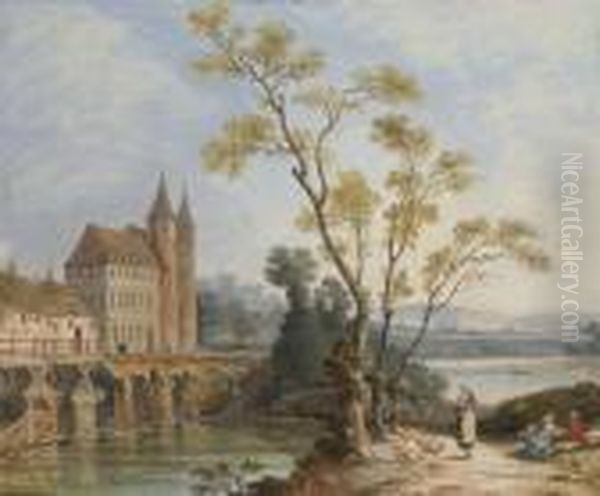 Des Habitations Au Bord Du 
Rivage De L'autre Cote D'un Pont, Des Femmes Avec Leur Enfants Au 
Premier Plan Oil Painting by Louis Nicolael van Blarenberghe