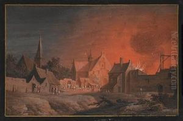 A Village Fire Oil Painting by Louis Nicolael van Blarenberghe