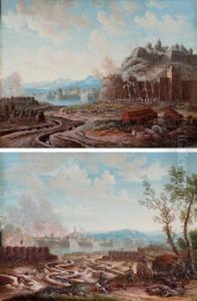 La Prise D'une Citadelle; Et 
Soldats Au Repos Devant Les Tranchees, Une Ville En Feu I 
L'arriere-plan Oil Painting by Louis Nicolael van Blarenberghe