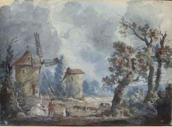 Figures In A Stormy Landscape 
With Windmills; And Figures In Alandscape With A Donkey Drinking At A 
Fountain Oil Painting by Louis Nicolael van Blarenberghe