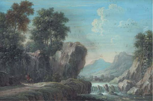 A Mountainous, Wooded River Landscape With A Figure On Horseback Ona Path Oil Painting by Louis Nicolael van Blarenberghe