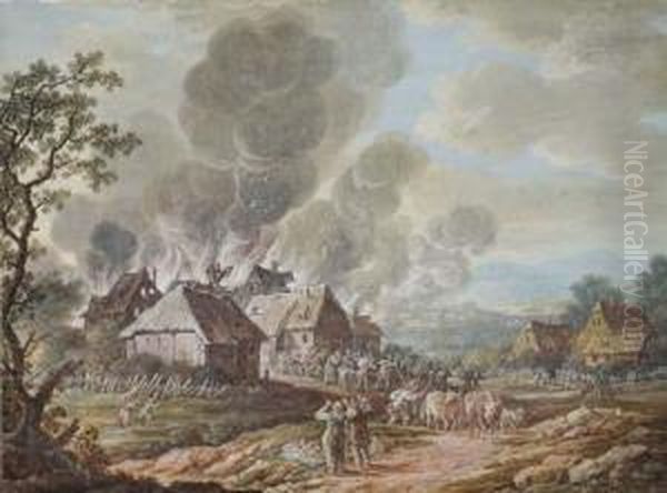 A Burning Village; A Cavalry Battle Near A Bridge: Apair Oil Painting by Louis Nicolael van Blarenberghe