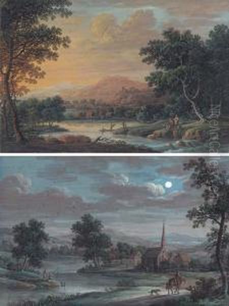 A River Landscape At Sunset With
 Anglers On The Riverbank; And Ariver Landscape By Night With A 
Traveller On A Track, Anglers And Achurch Beyond Oil Painting by Louis Nicolael van Blarenberghe